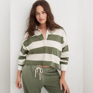 AERIE | Sporty Prep Rugby Polo green cream white coloured crop - XL